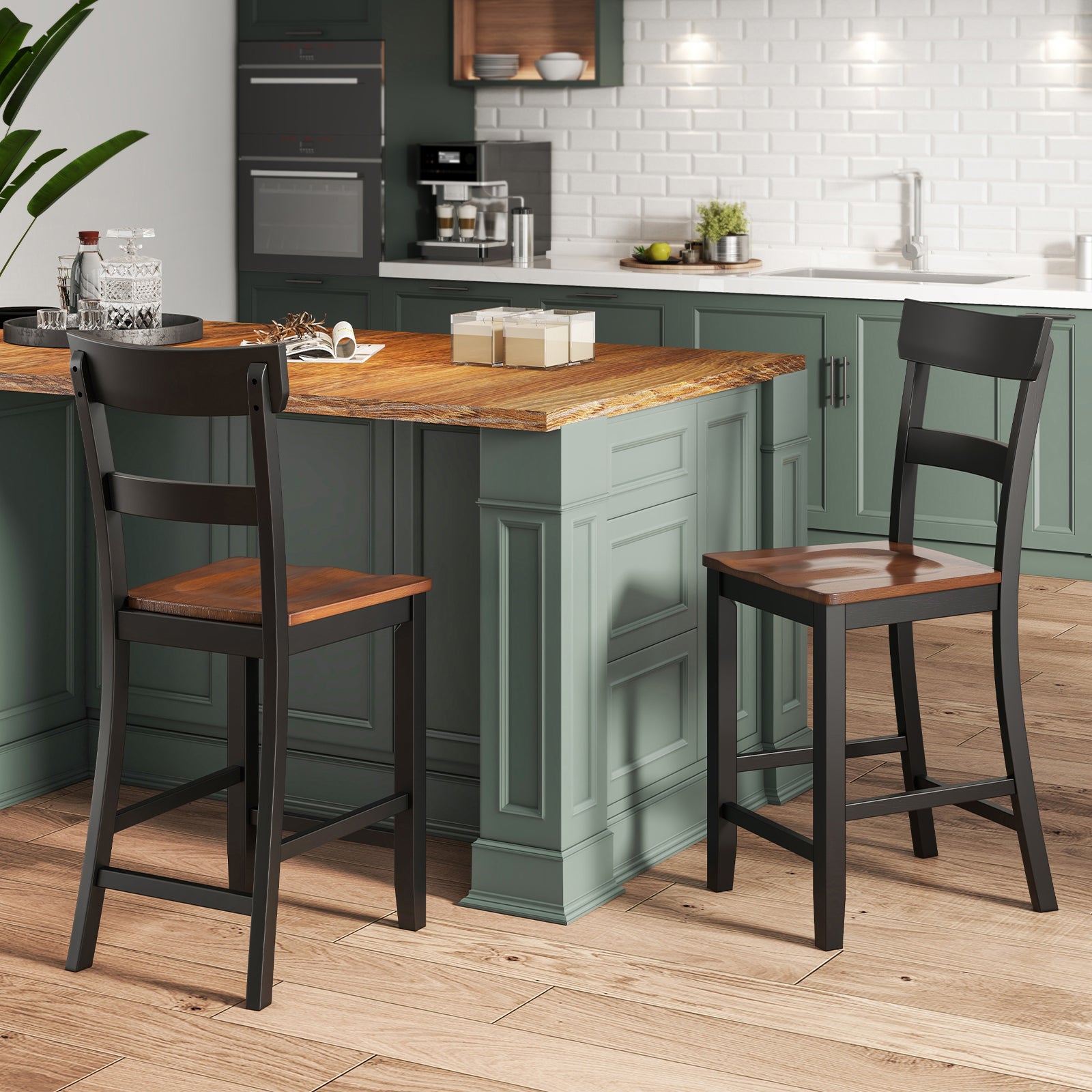 Farmhouse Dining Bar Stool Set of 2 with Solid Rubber Wood Frame-Black
