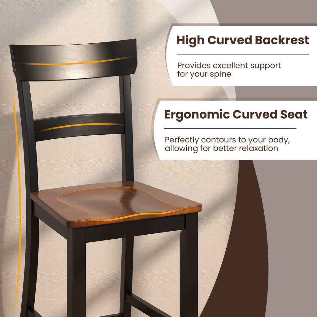 Farmhouse Dining Bar Stool Set of 2 with Solid Rubber Wood Frame-Black