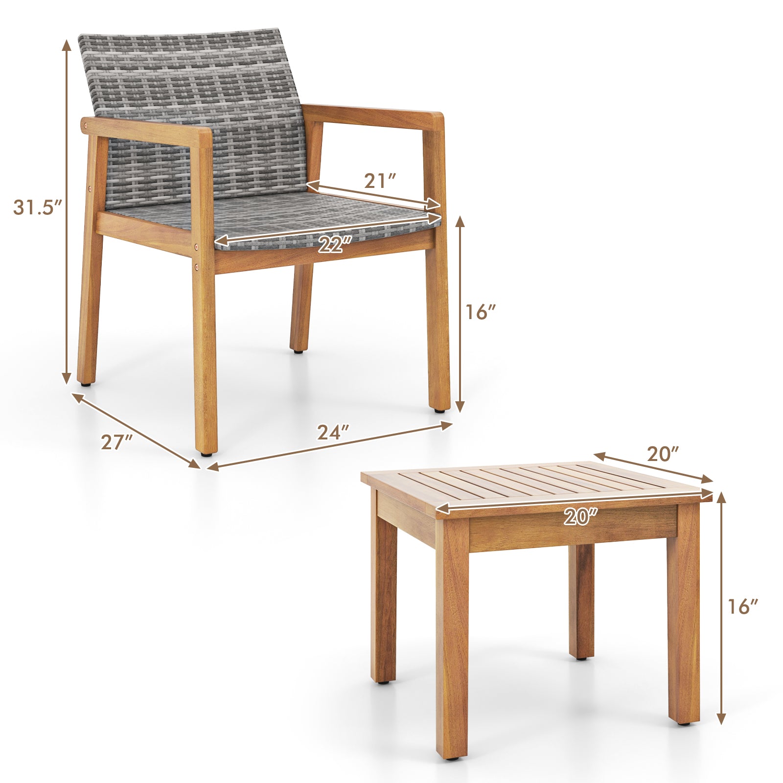 Ensemble de mobilier de patio 3 pièces avec chaise