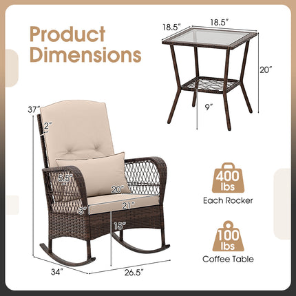 3 Pieces Rocking Bistro Set with 2-Tier Coffee Table-Brown