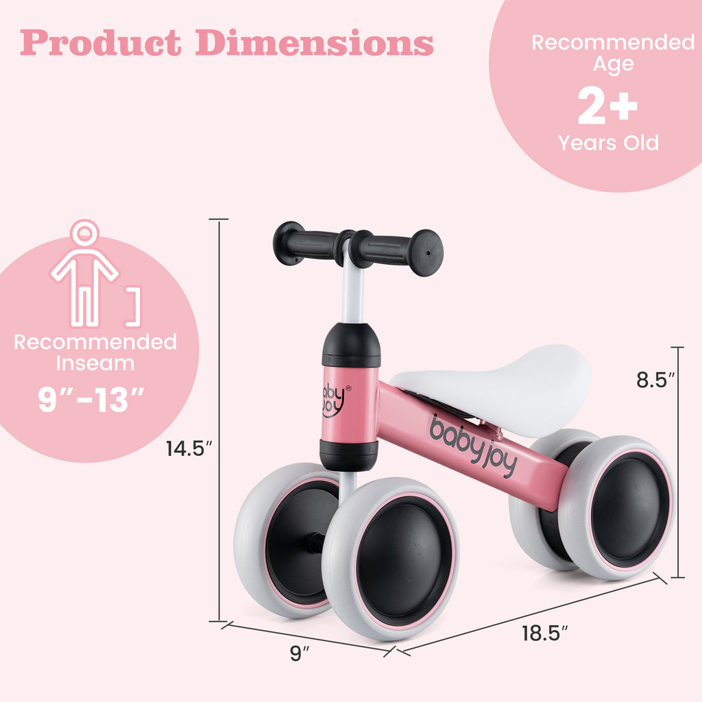 Baby Balance Bike for 2 Years Old Boys Girls No Pedal 4 Wheels-Pink