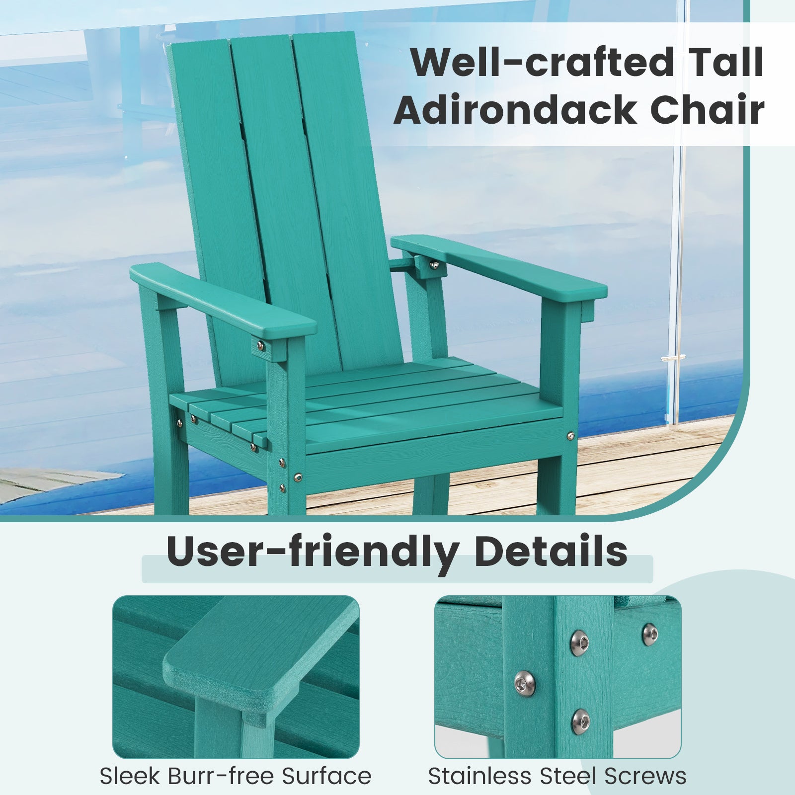 Tall Adirondack Chair Outdoor Bar Stool with Ergonomic Backrest for Backyard-Turquoise