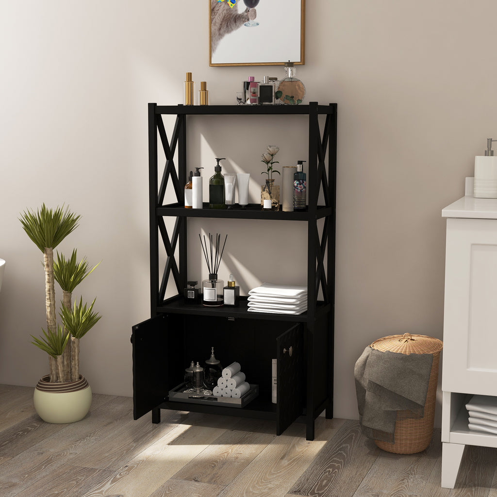 Bathroom Storage Cabinet with Open Shelves and Double Doors-Black