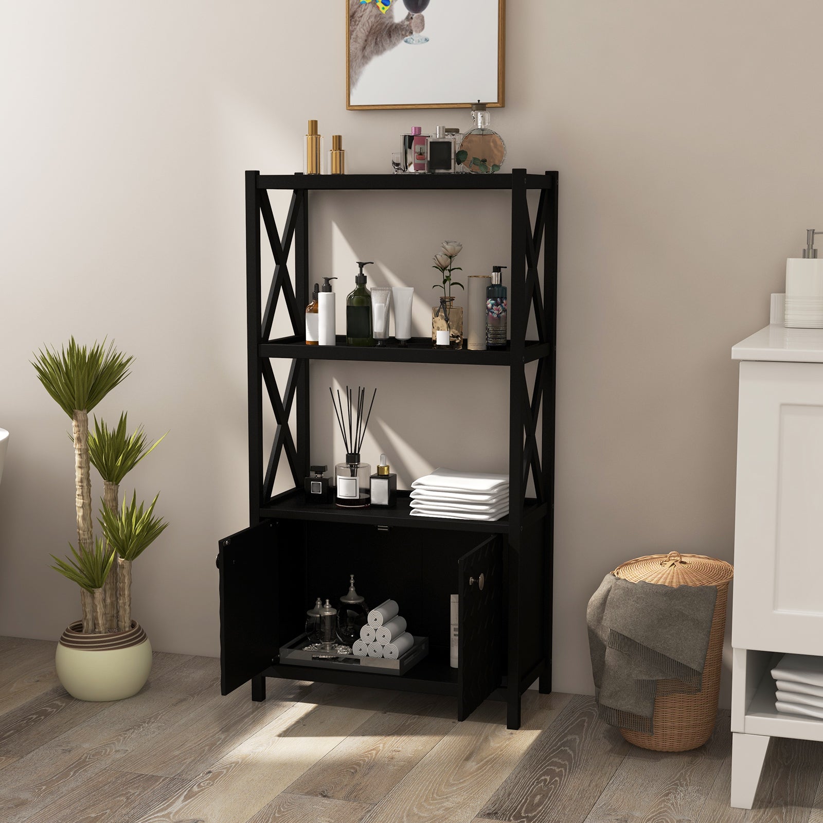Bathroom Storage Cabinet with Open Shelves and Double Doors-Black