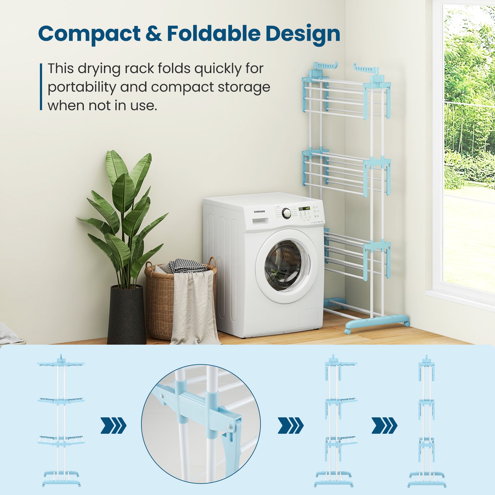 4-tier Clothes Drying Rack with Rotatable Side Wings and Collapsible Shelves-Blue