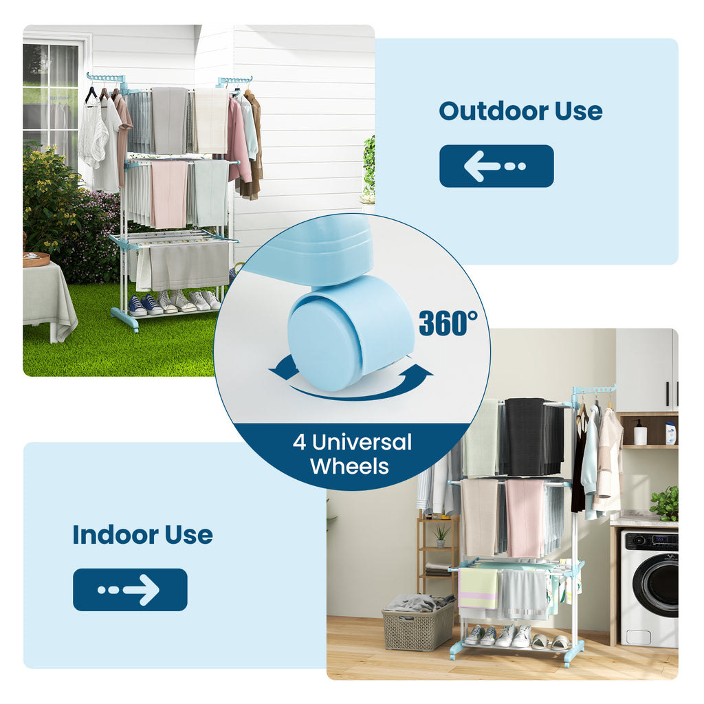 4-tier Clothes Drying Rack with Rotatable Side Wings and Collapsible Shelves-Blue