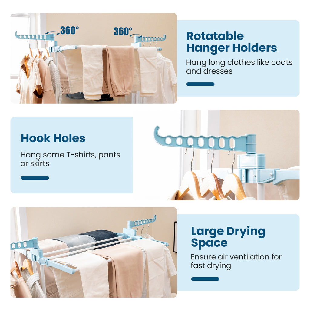 4-tier Clothes Drying Rack with Rotatable Side Wings and Collapsible Shelves-Blue