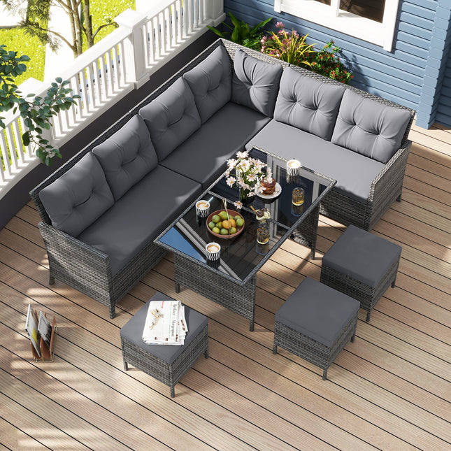 7 Pieces Patio Dining Furniture Set with Soft Cushions and Ottomans-Gray
