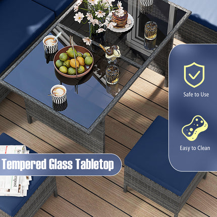 7 Pieces Patio Dining Furniture Set with Soft Cushions and Ottomans-Navy