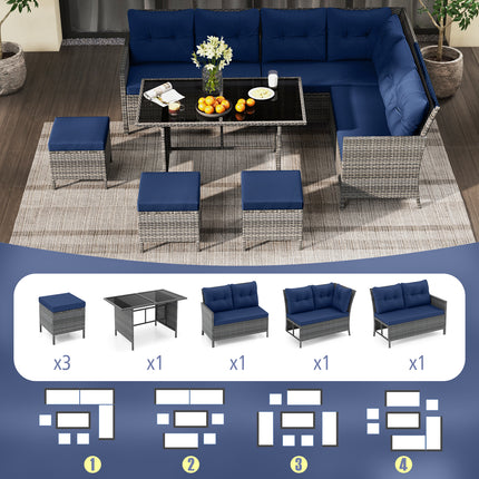 7 Pieces Patio Dining Furniture Set with Soft Cushions and Ottomans-Navy