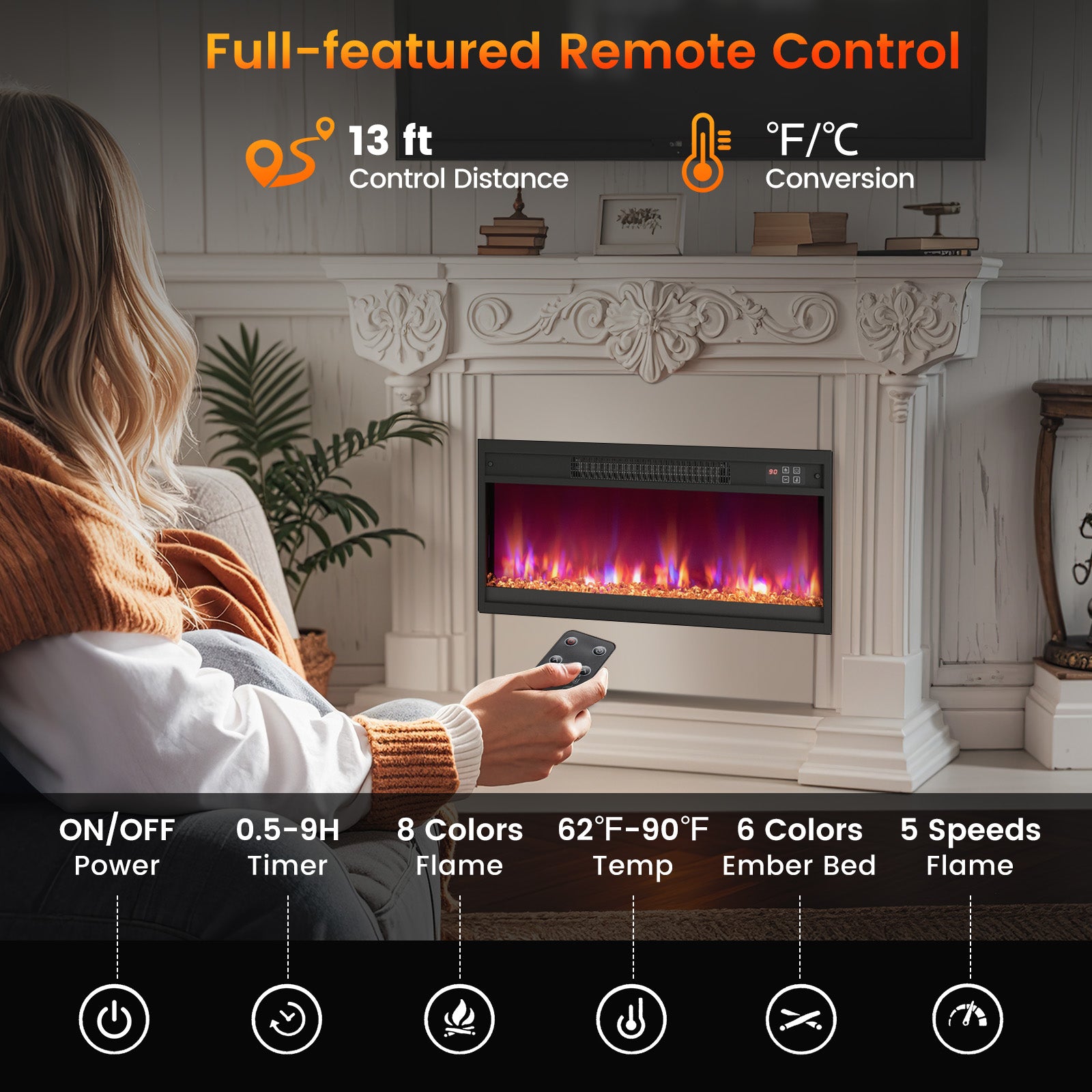 18/23/26 Inch 1500W Electric Fireplace Insert with Remote Control-26 inches