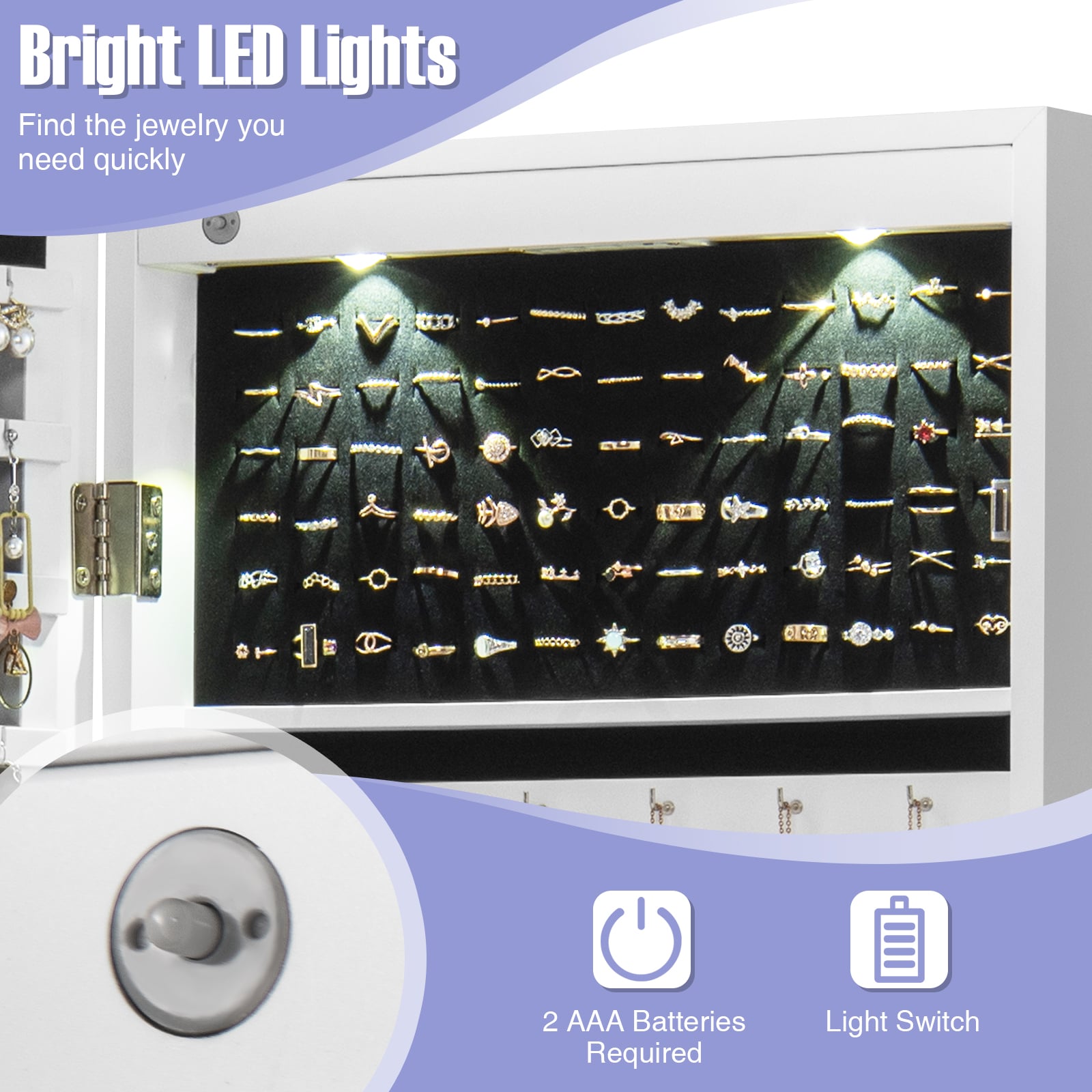 Lockable Wall Mount Mirrored Jewelry Cabinet with LED Lights-White