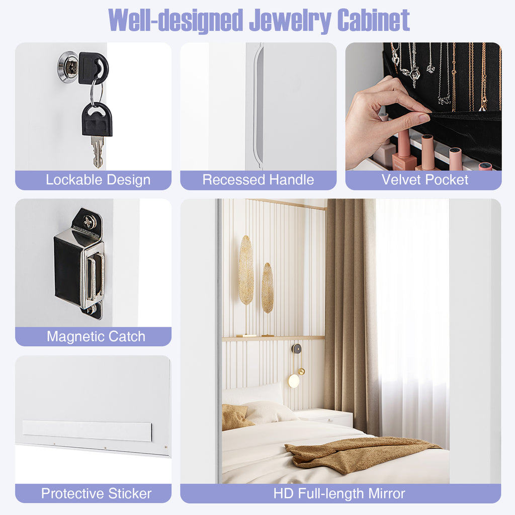Lockable Wall Mount Mirrored Jewelry Cabinet with LED Lights-White