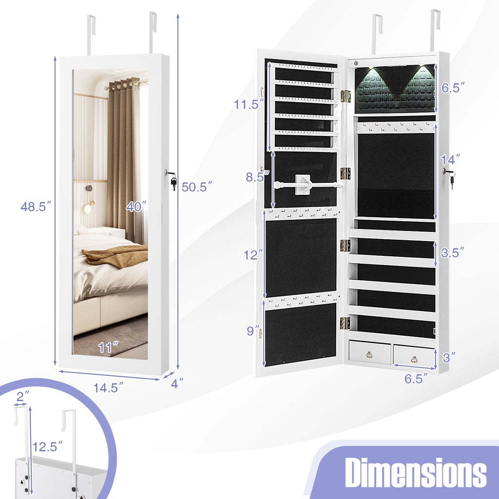 Lockable Wall Mount Mirrored Jewelry Cabinet with LED Lights-White