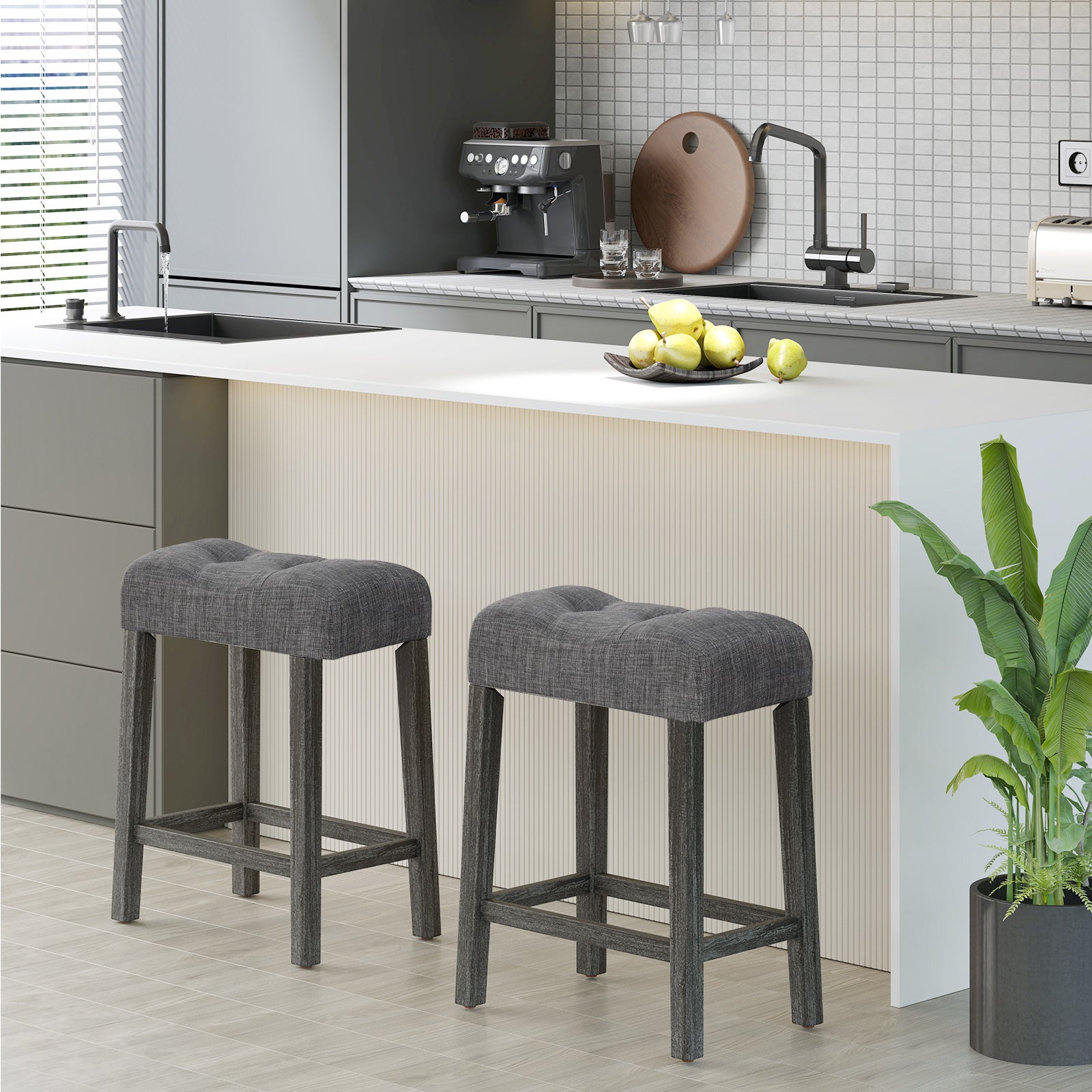 24 Inch Set of 2 Saddle Bar Stools with Padded Seat-Gray