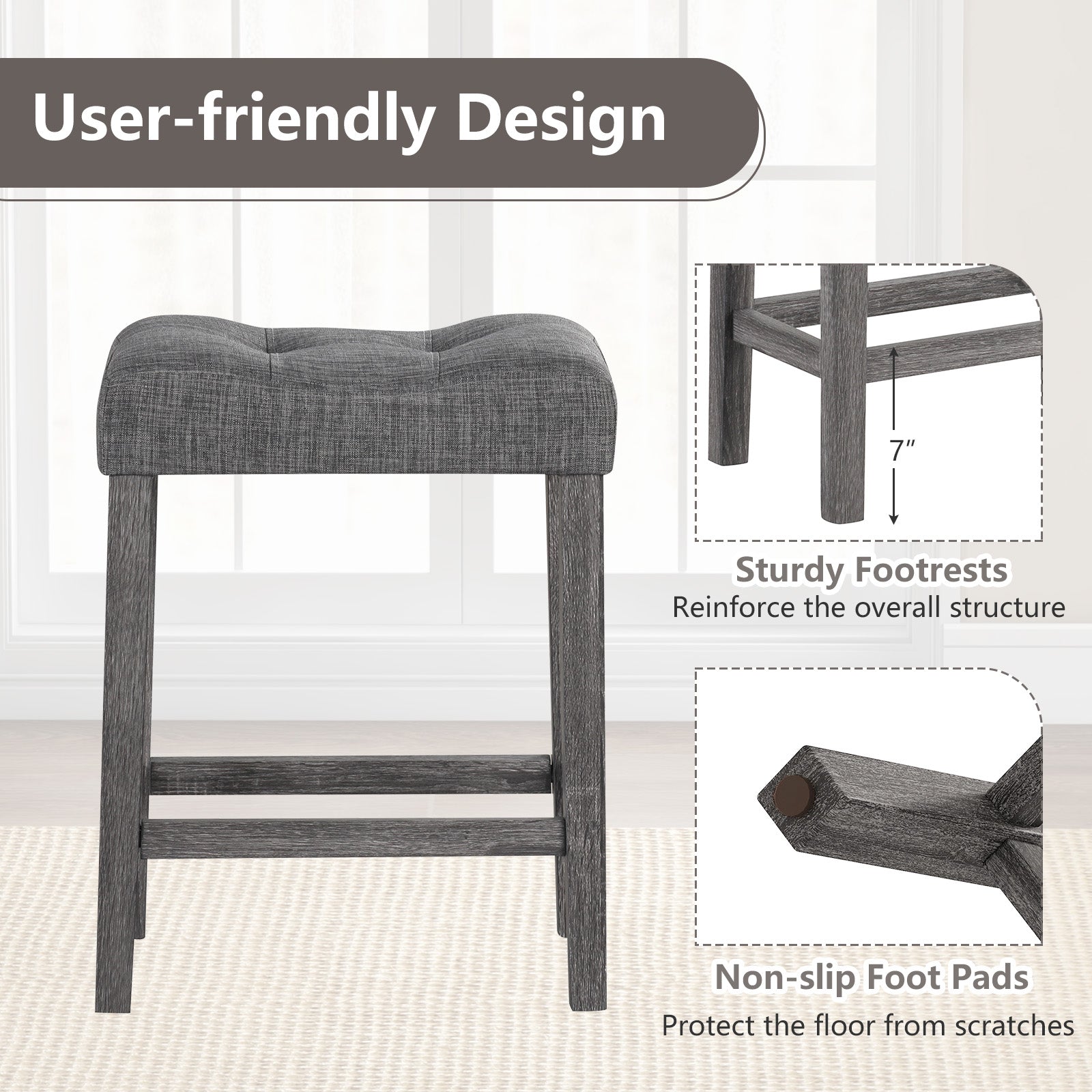 24 Inch Set of 2 Saddle Bar Stools with Padded Seat-Gray