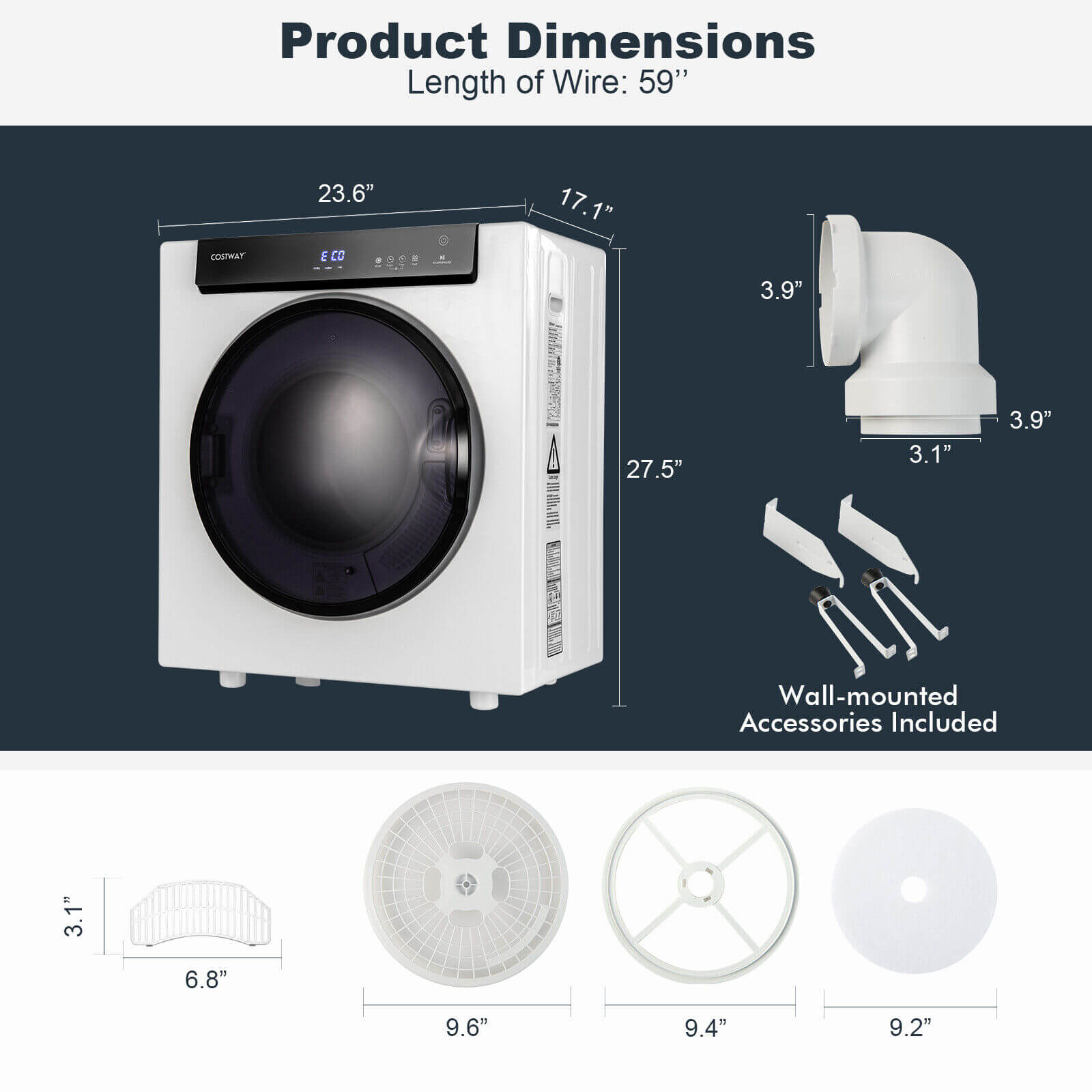 2.6 Cu.ft Compact Clothes Dryer with Touch Panel and 2 Modes-White