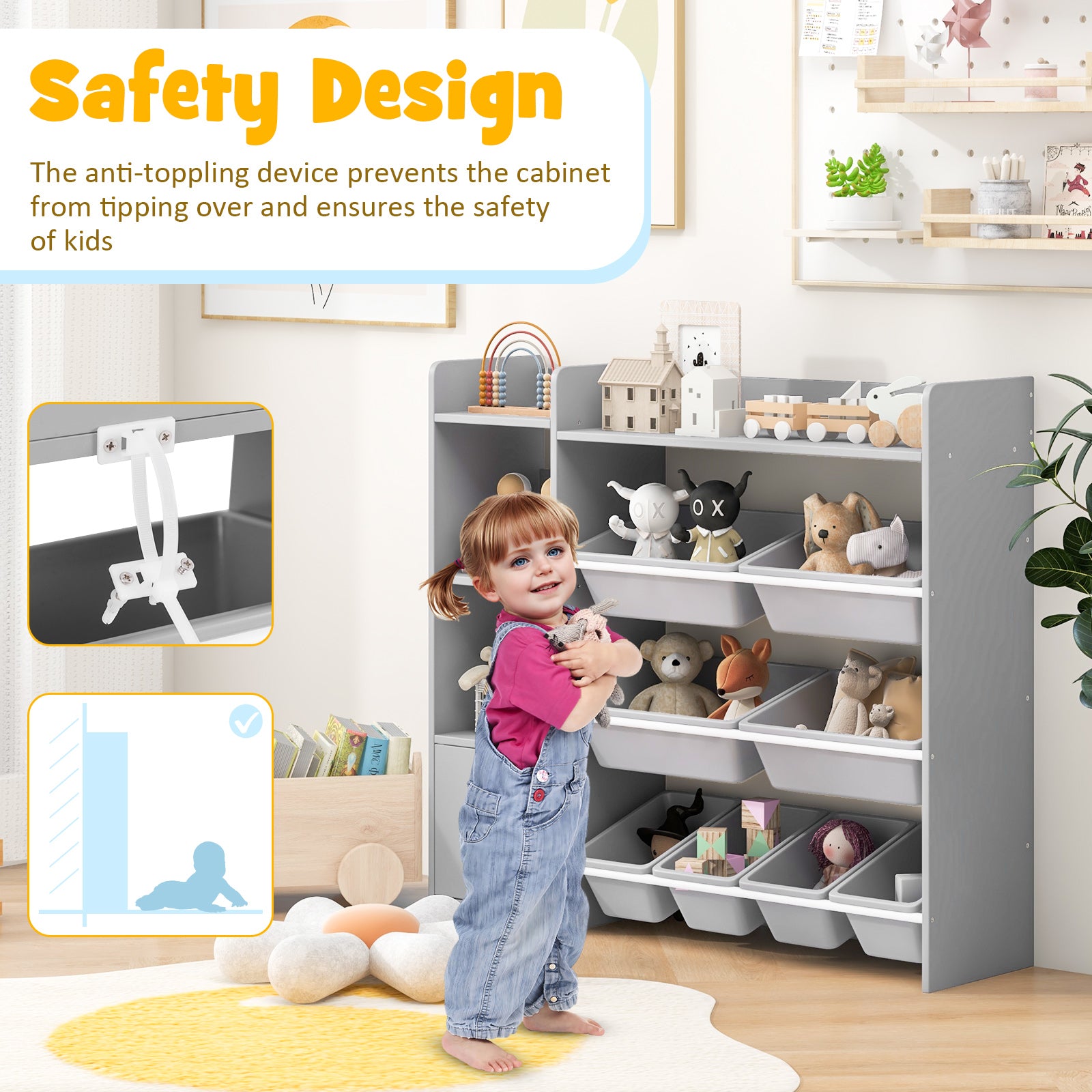 4-Tier Kids Bookshelf and Toy Storage Rack with 8 Toy Organizer Bins-Grey