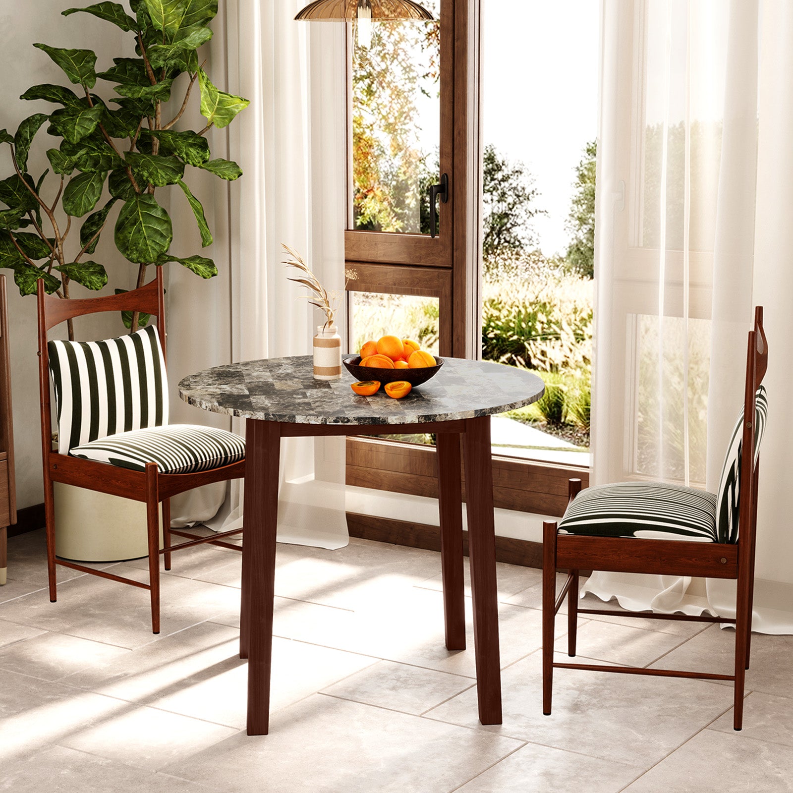 35 Inch Round Dining Table with Rubber Wood Legs and Marble-textured Veneer Tabletop-Brown