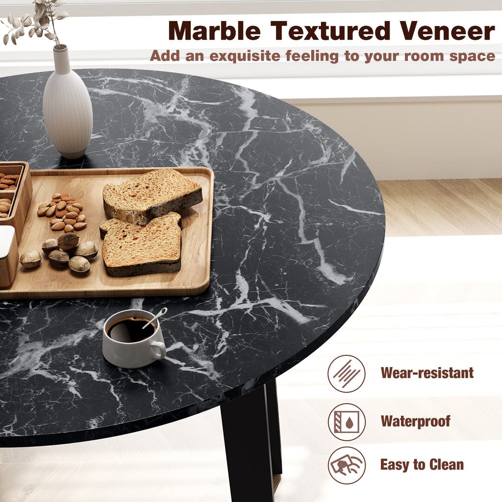 35 Inch Round Dining Table with Rubber Wood Legs and Marble-textured Veneer Tabletop-Black