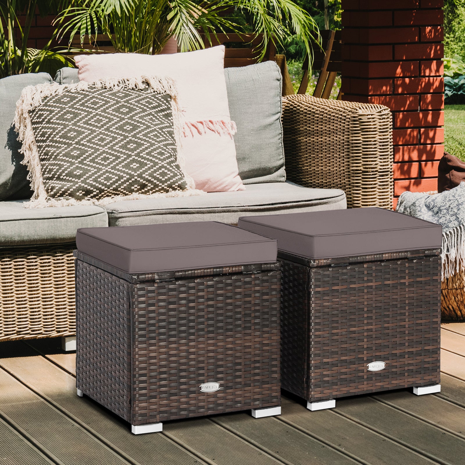Lot de 2 poufs de patio avec coussins amovibles - Gris