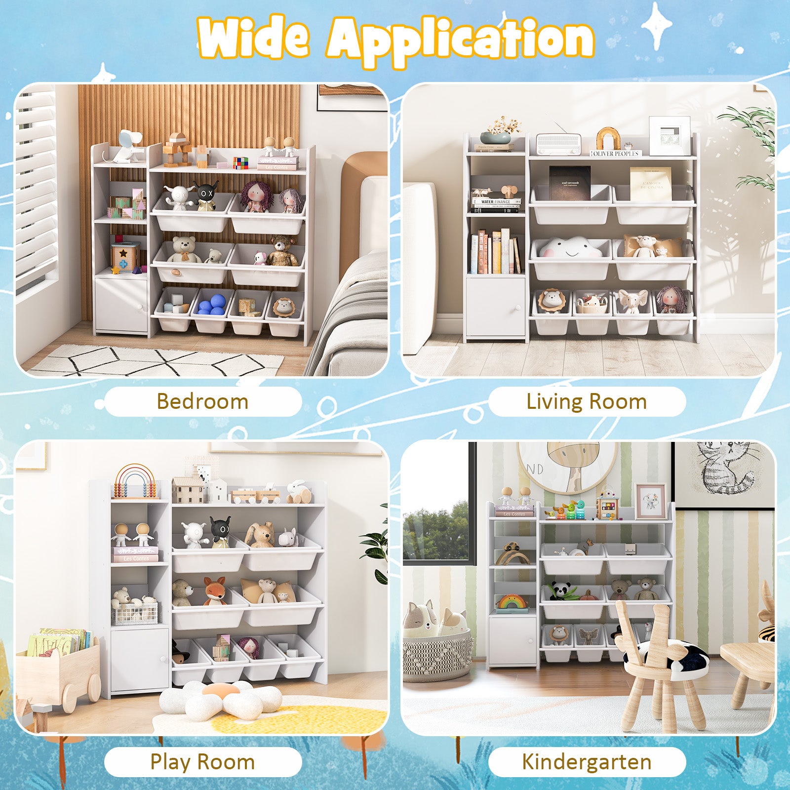 4-Tier Kids Toy Storage Organizer Bookshelf and Toy Storage Rack with Door-White