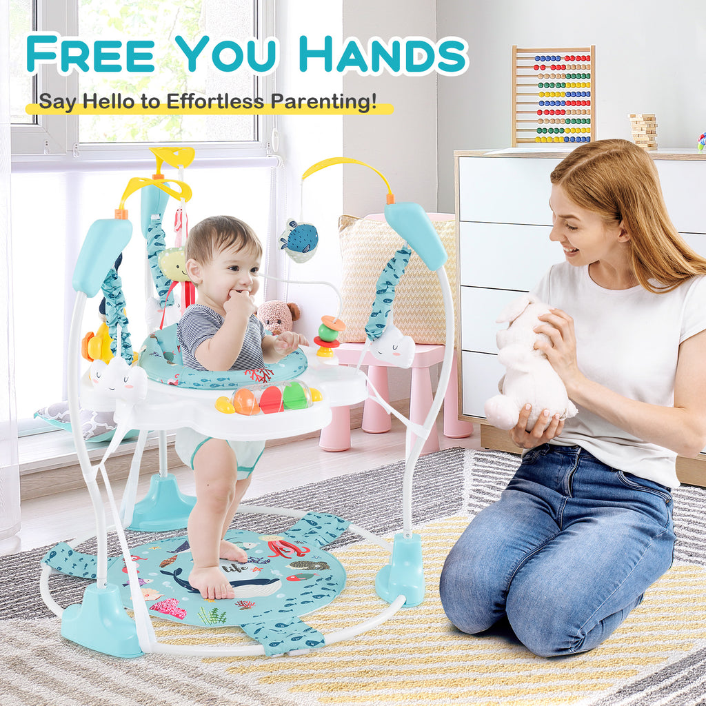 Baby Activity Center Height Adjustable Baby Bouncing Saucer with Interactive Toys-Light Blue