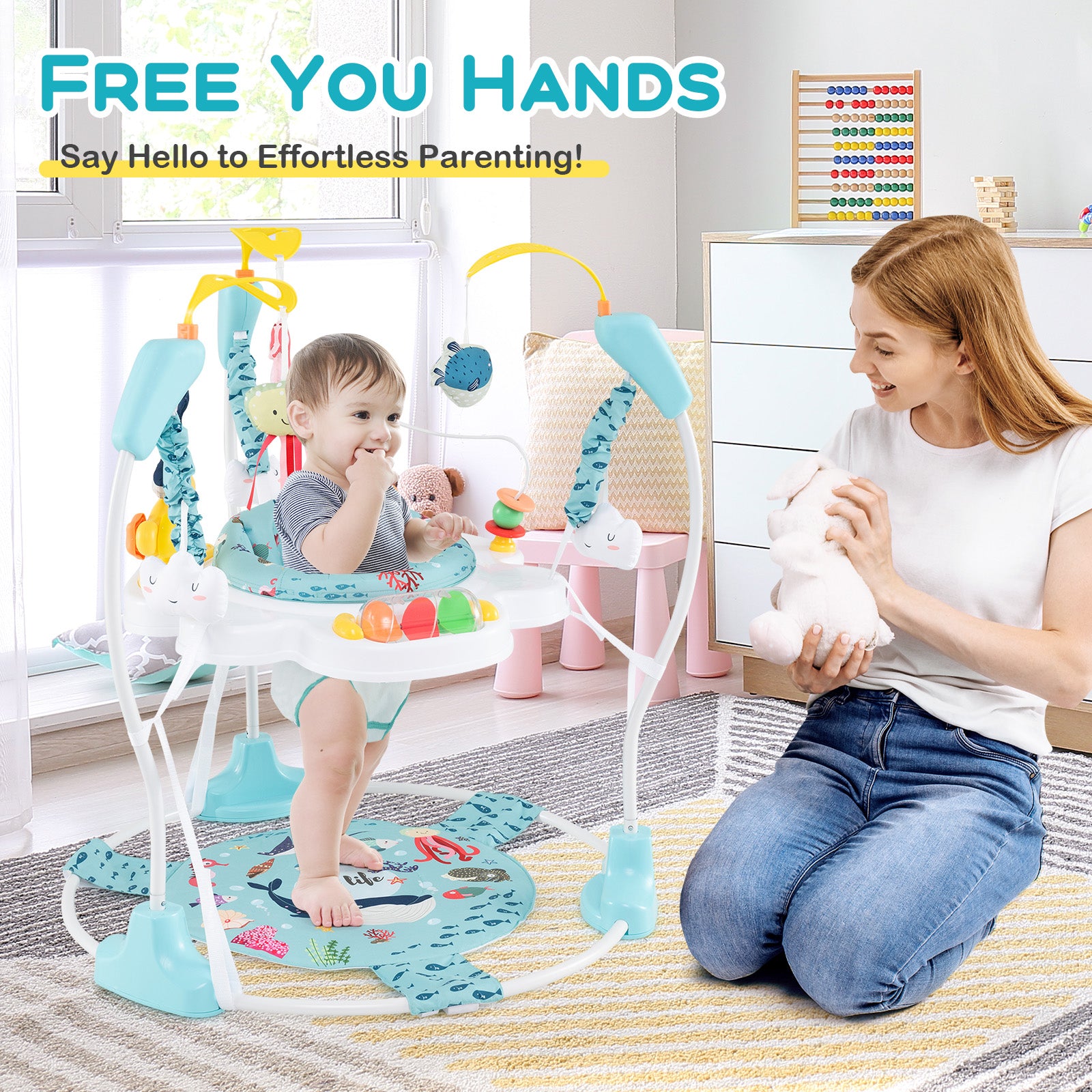 Baby Activity Center Height Adjustable Baby Bouncing Saucer with Interactive Toys-Light Blue
