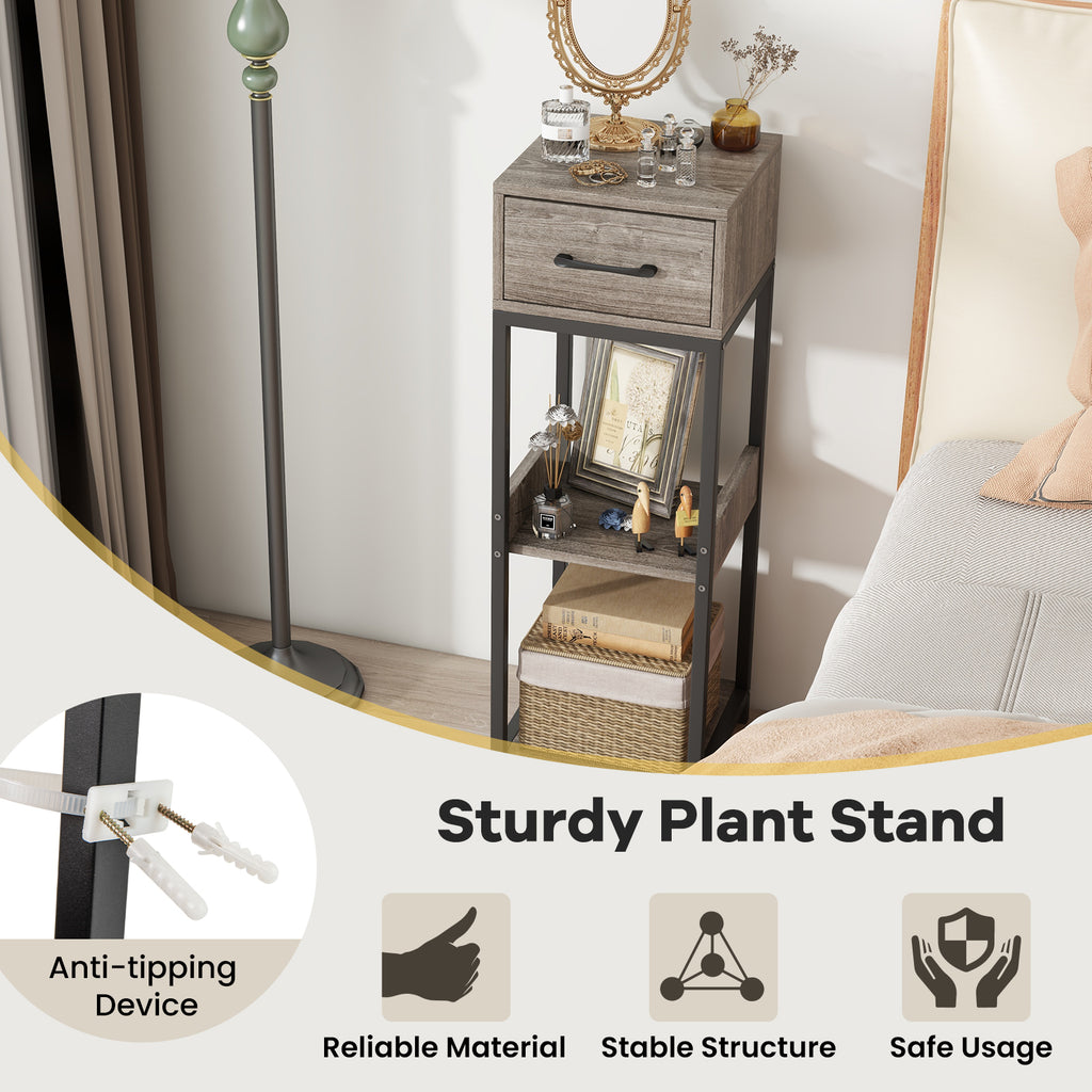3 Tier Tall Plant Stand with Drawer Anti-tipping Devices-Gray