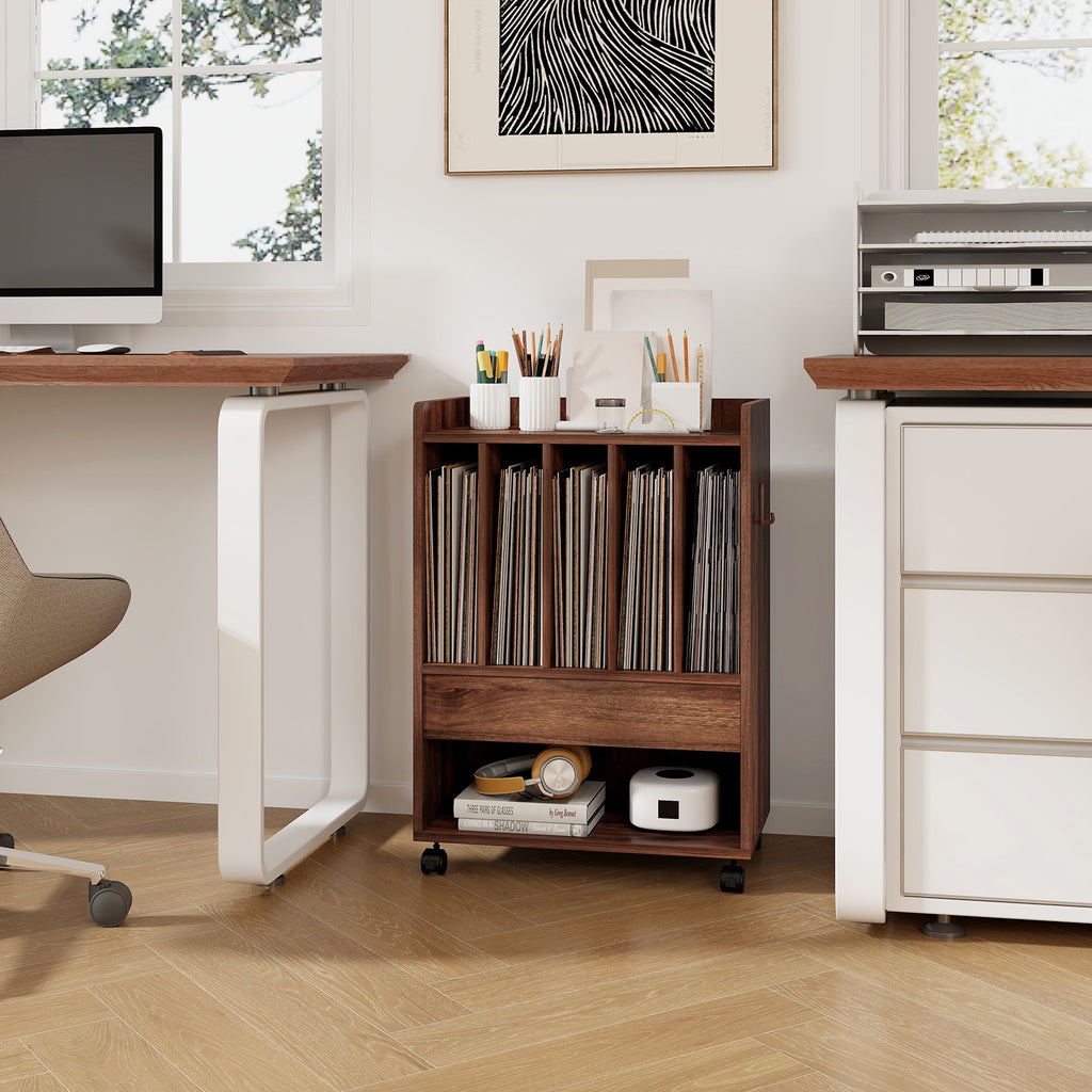 Record Rolling Turntable Player Stand with Drawer-Brown
