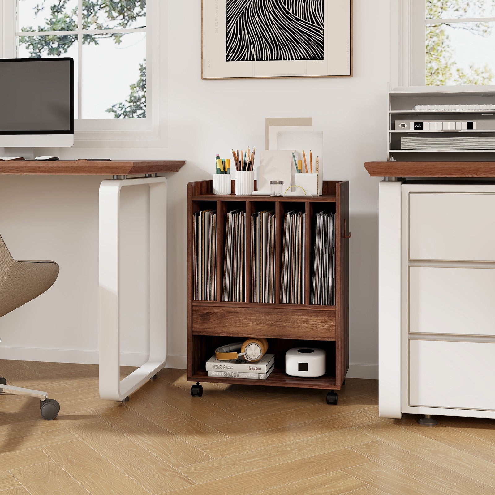 Record Rolling Turntable Player Stand with Drawer-Brown