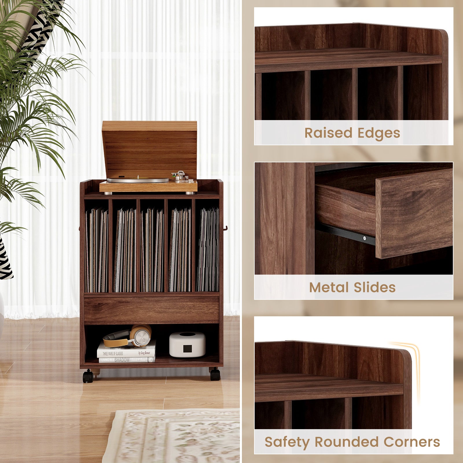 Record Rolling Turntable Player Stand with Drawer-Brown