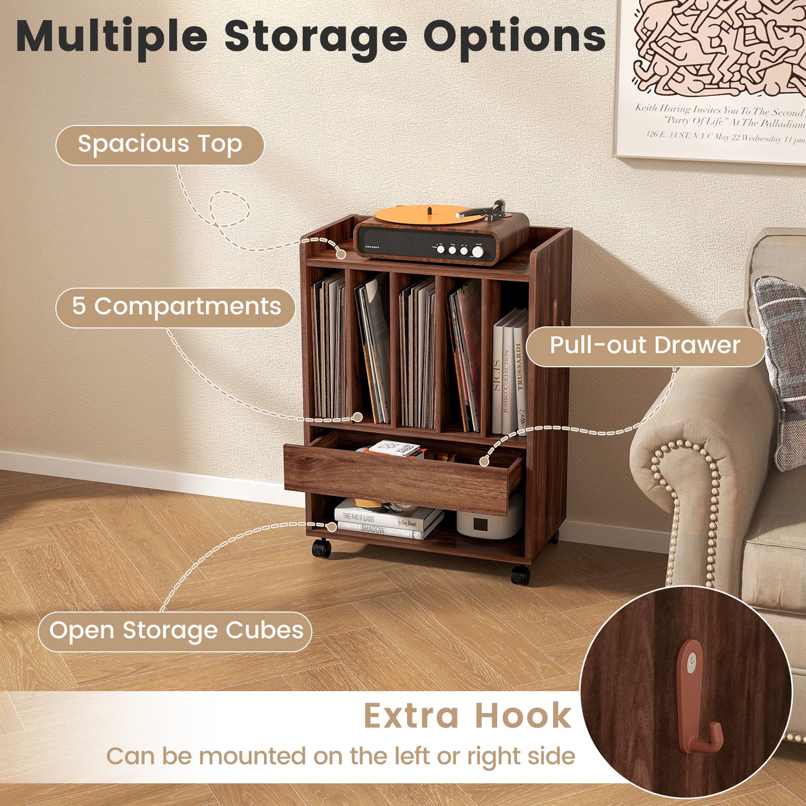 Record Rolling Turntable Player Stand with Drawer-Brown