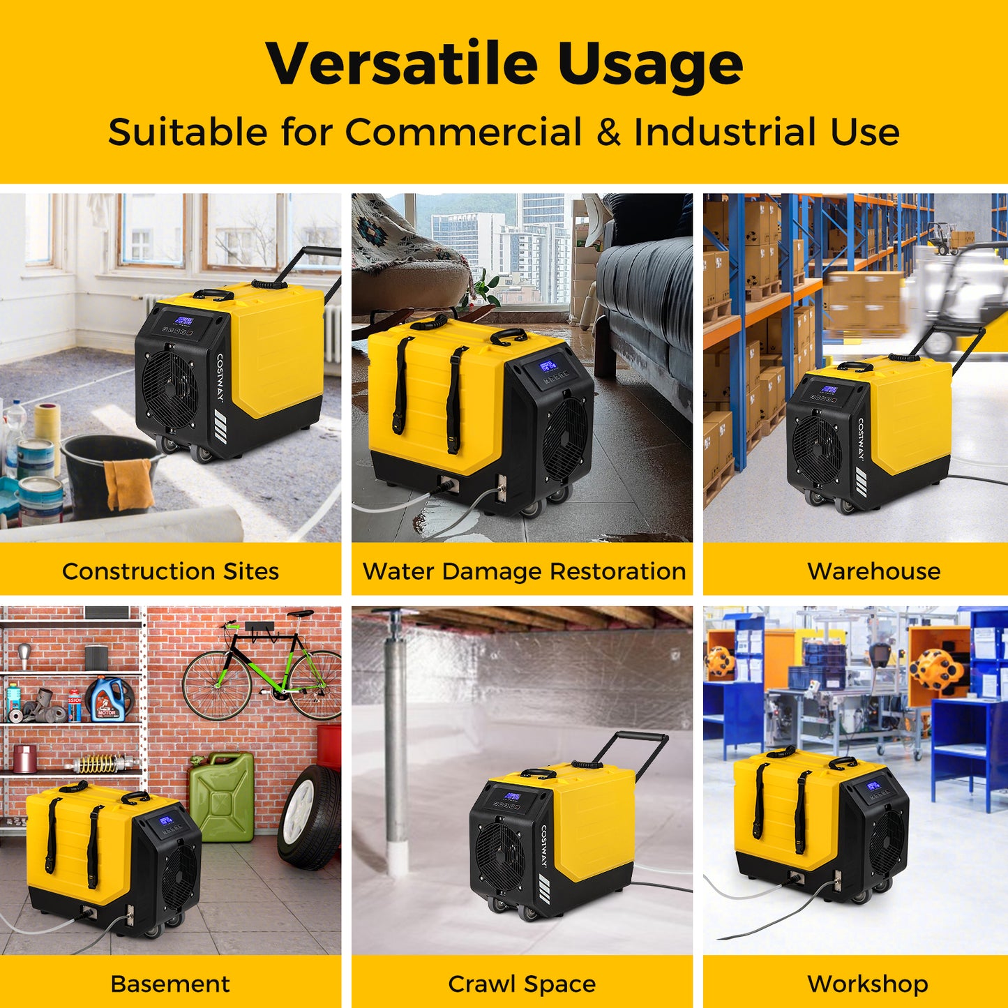 190 PPD Commercial Dehumidifier with Pump and 2 Wheels-Yellow