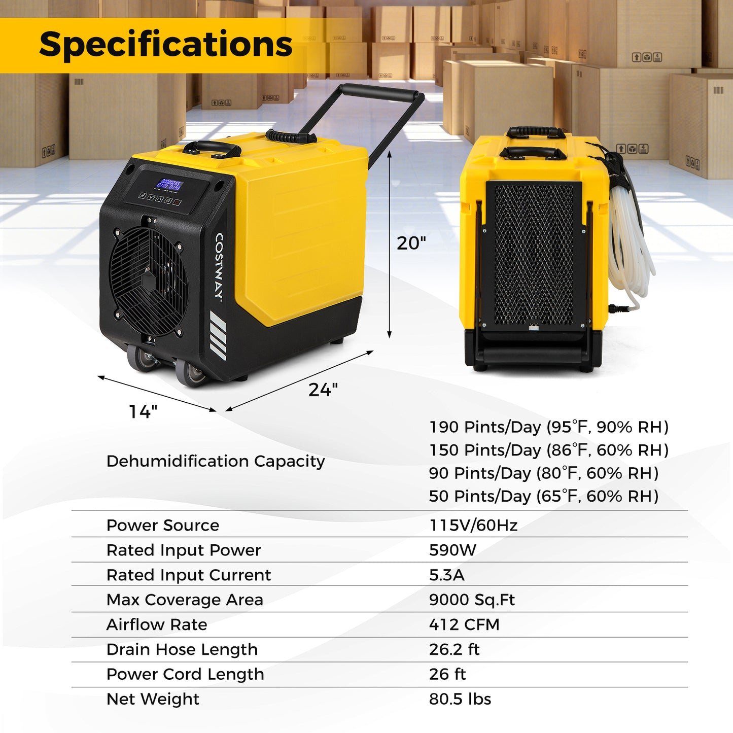 190 PPD Commercial Dehumidifier with Pump and 2 Wheels-Yellow