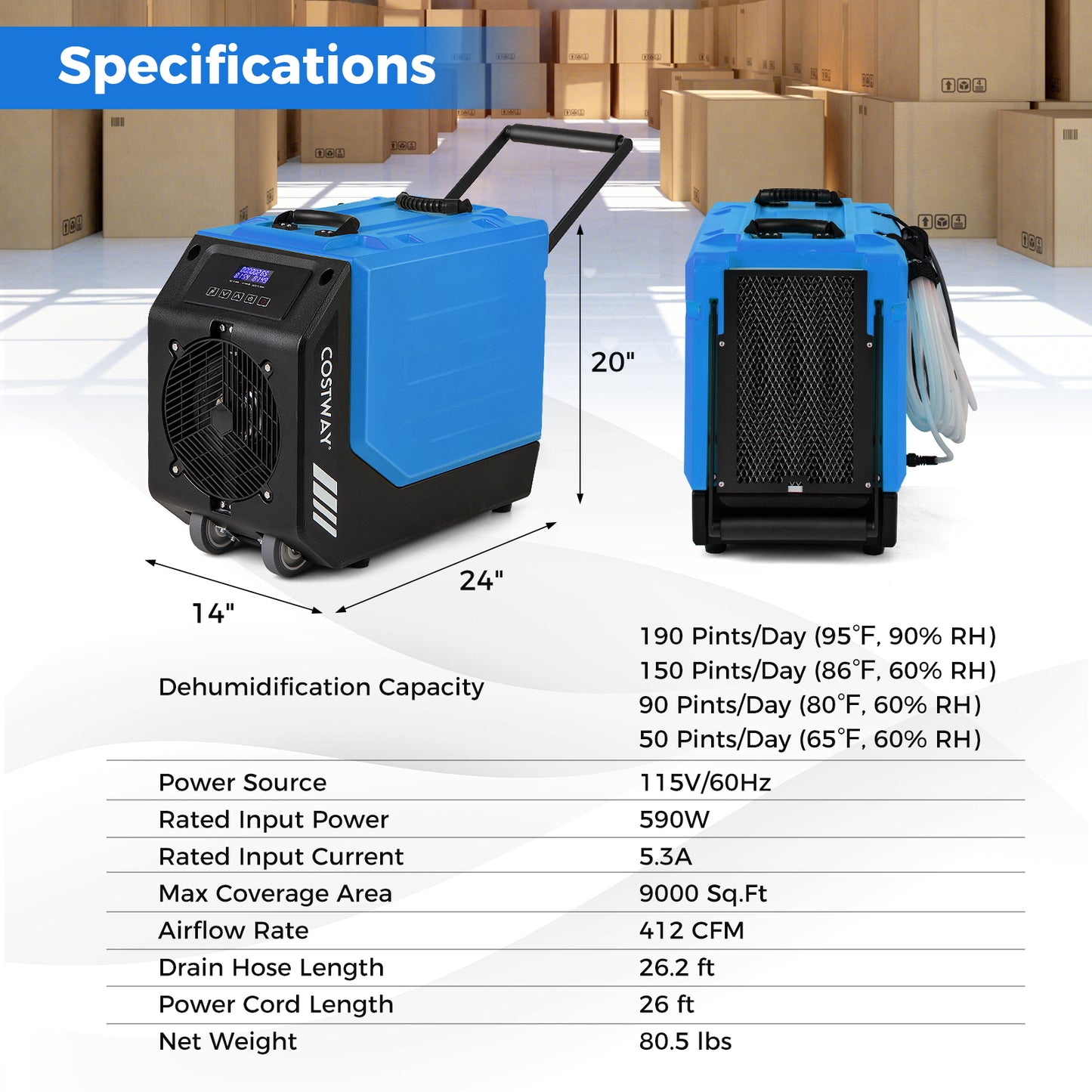 190 PPD Commercial Dehumidifier with Pump and 2 Wheels-Blue