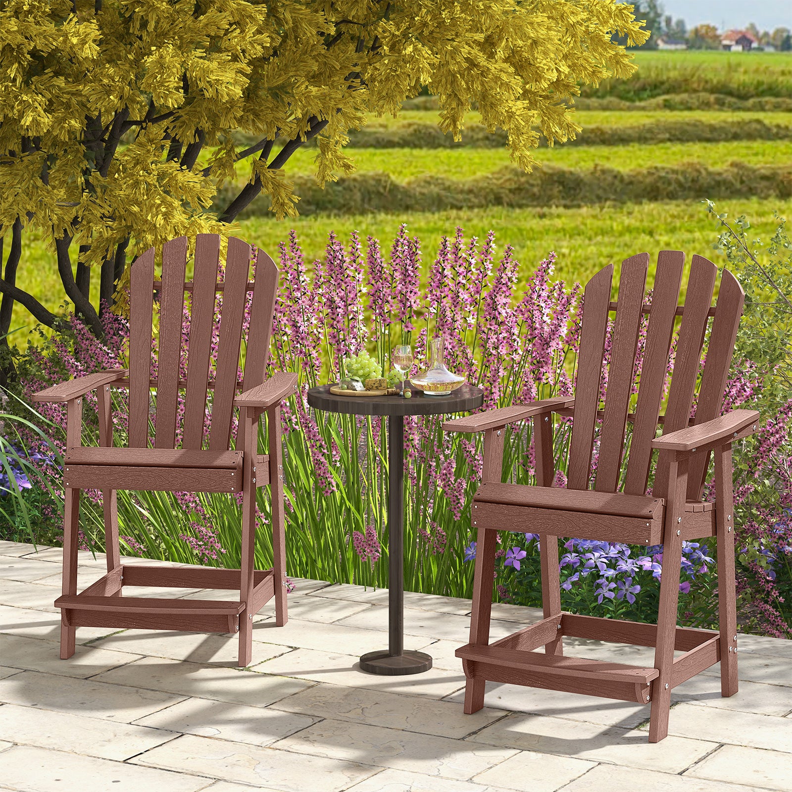 Chaise de patio en PEHD avec accoudoir et repose-pieds pour intérieur/extérieur - Café