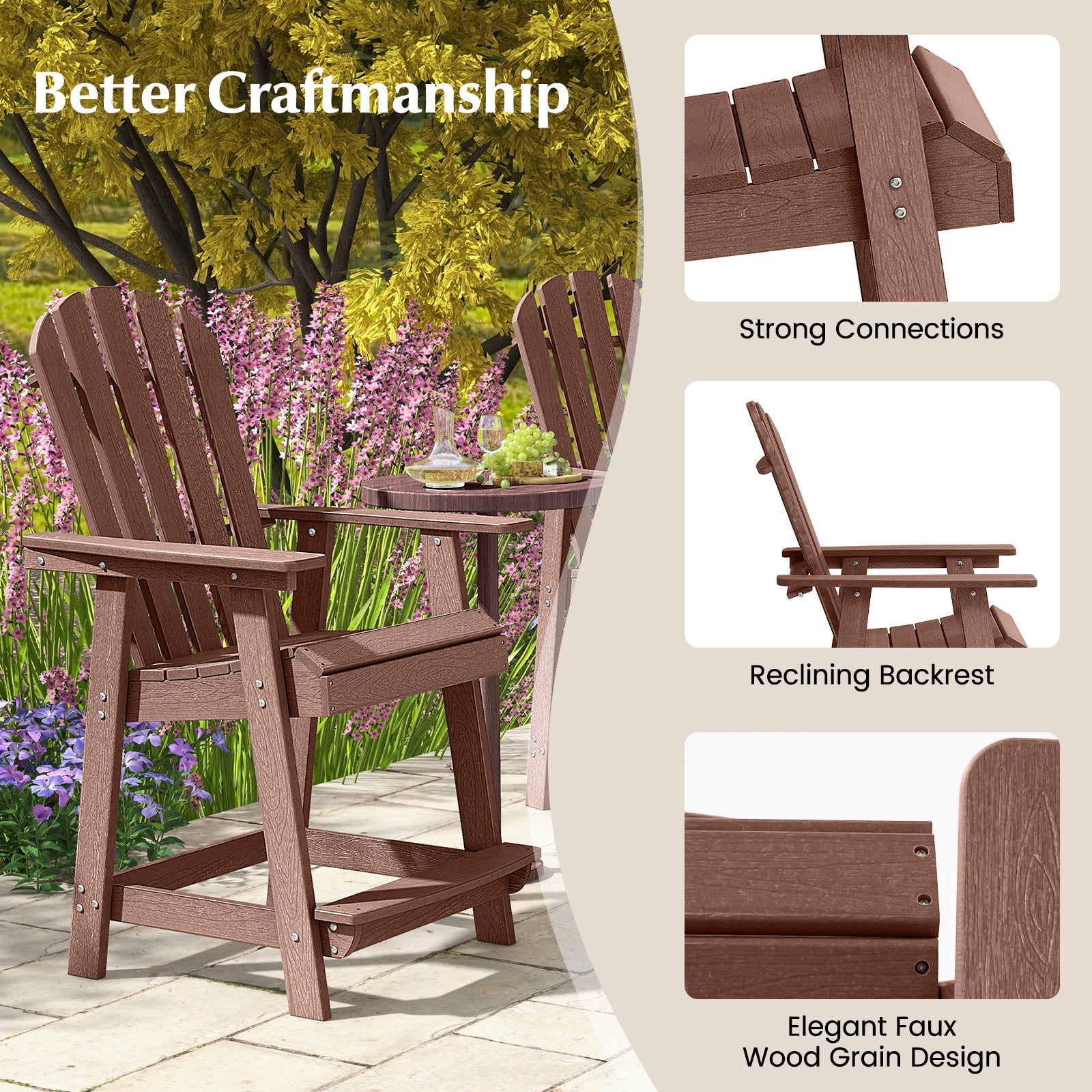 Chaise de patio en PEHD avec accoudoir et repose-pieds pour intérieur/extérieur - Café