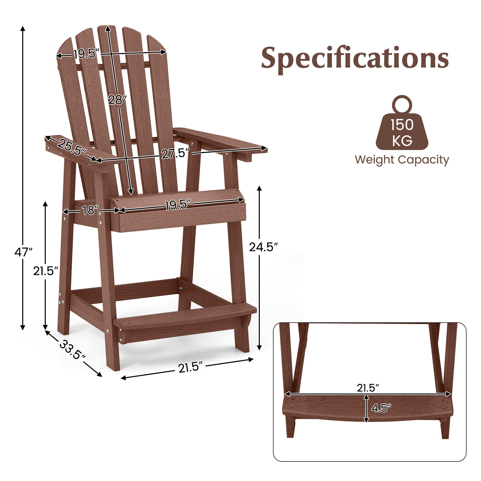 Chaise de patio en PEHD avec accoudoir et repose-pieds pour intérieur/extérieur - Café