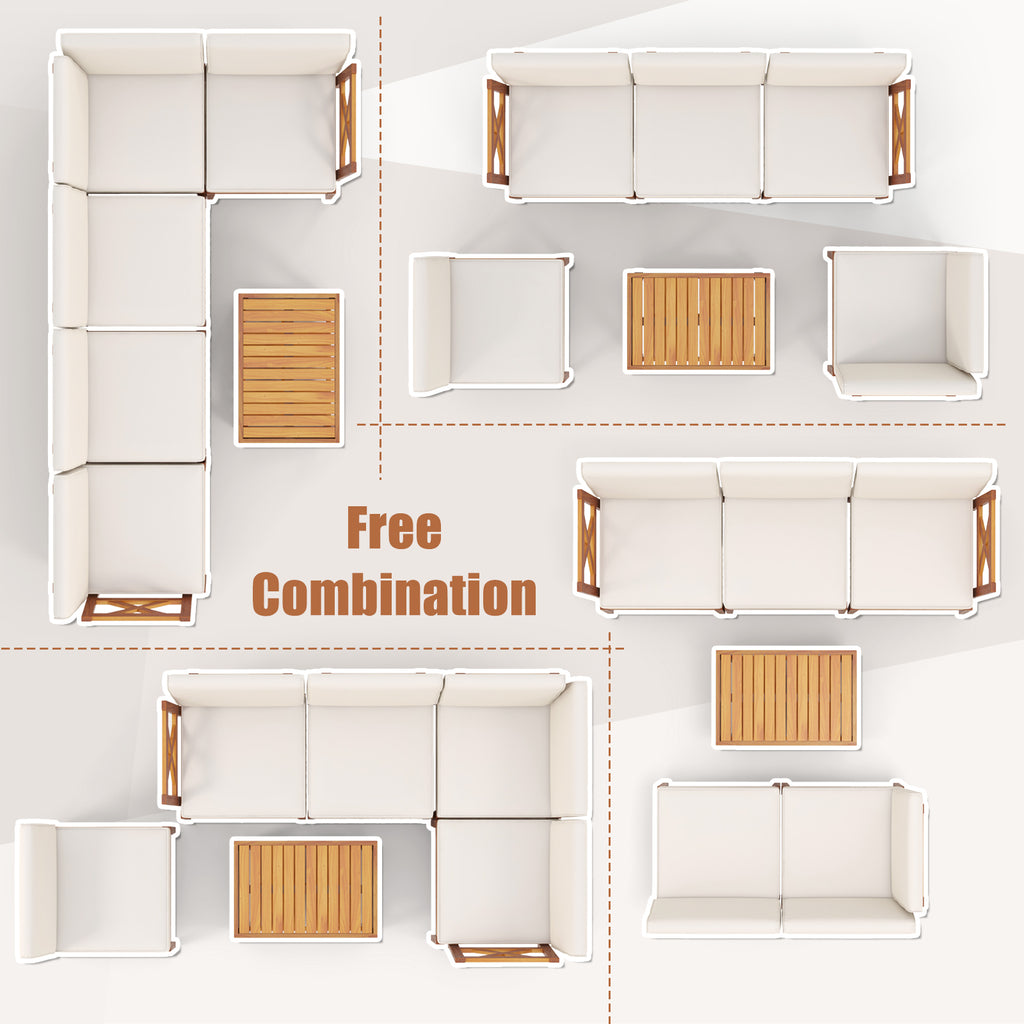 6 Pieces Acacia Wood Patio Furniture Set with Cushions and 2-Tier Coffee Table-White