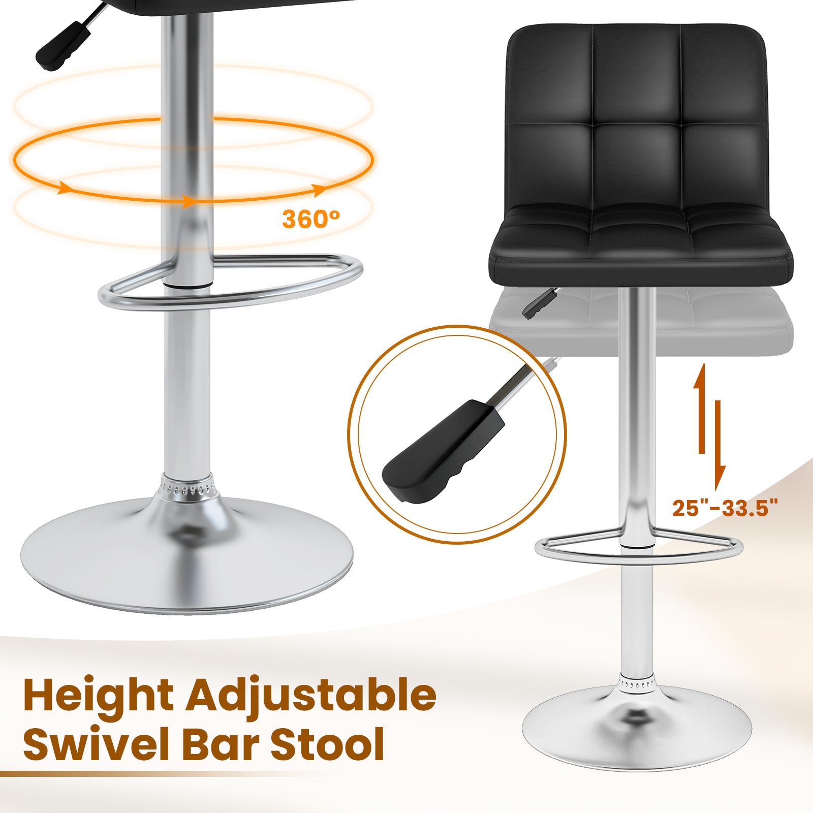 Modern Bat Stools Set of 2 with Back and Heavy-duty Metal Base and Footrest-Black