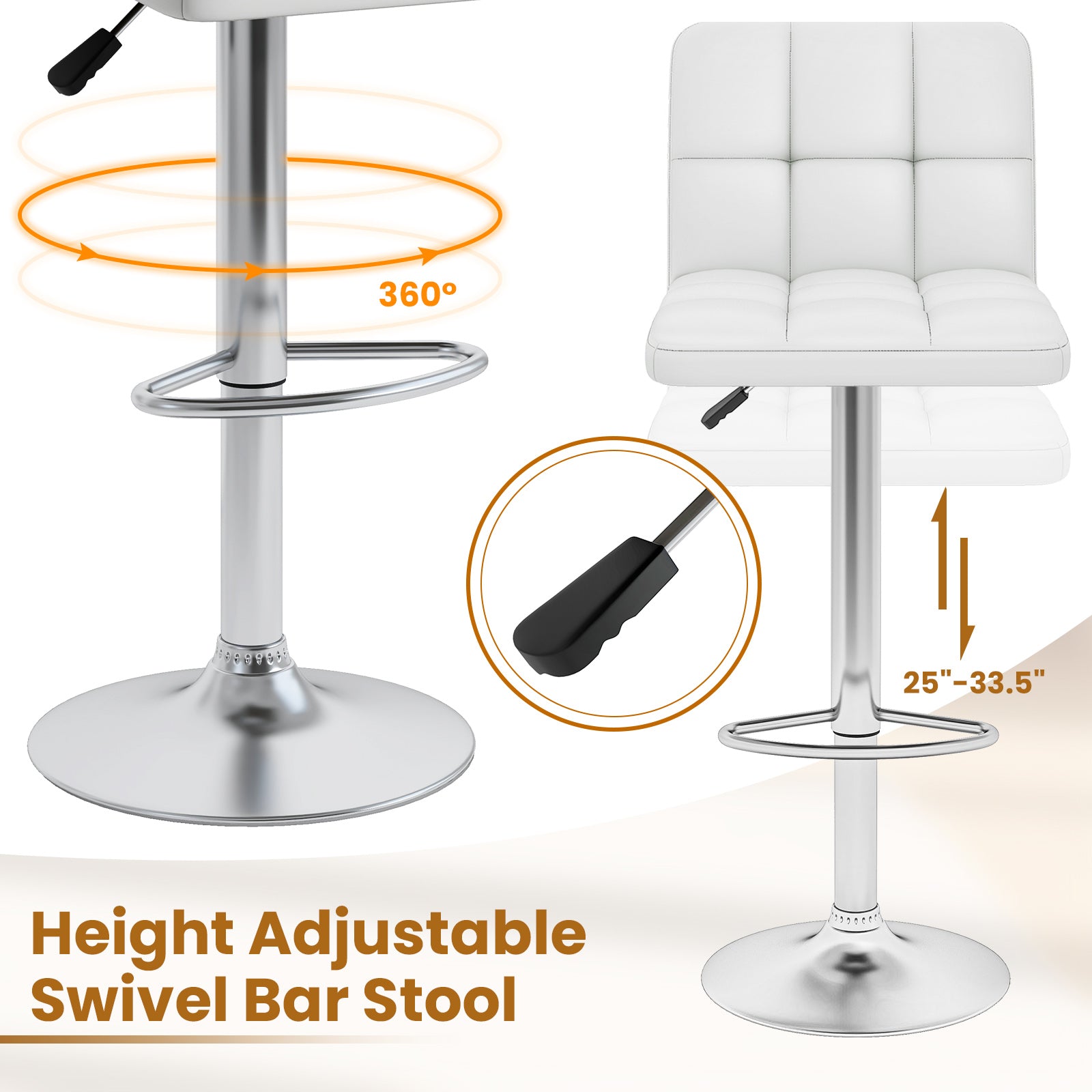 Modern Bat Stools Set of 2 with Back and Heavy-duty Metal Base and Footrest-White