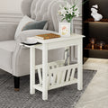 2-Tier End Table with Pull-out Tray and Solid Rubber Wood Legs-White