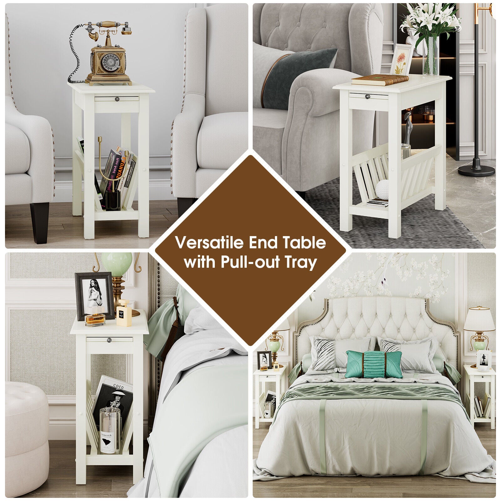 2-Tier End Table with Pull-out Tray and Solid Rubber Wood Legs-White