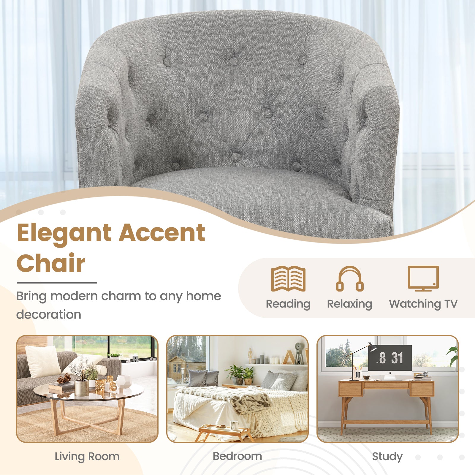 Upholstered Tub Chair with Solid Rubber Wood Legs and Adjustable Foot Pads for Living Room-Gray