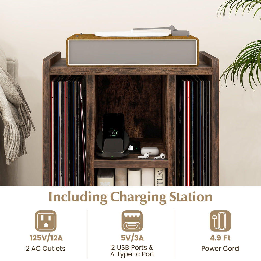 Vinyl Record Storage Turntable Stand with 4 Open Shelves-Brown