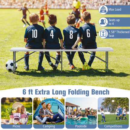 6 Feet Plastic Folding Bench Portable Seat with Handle and Lock-White