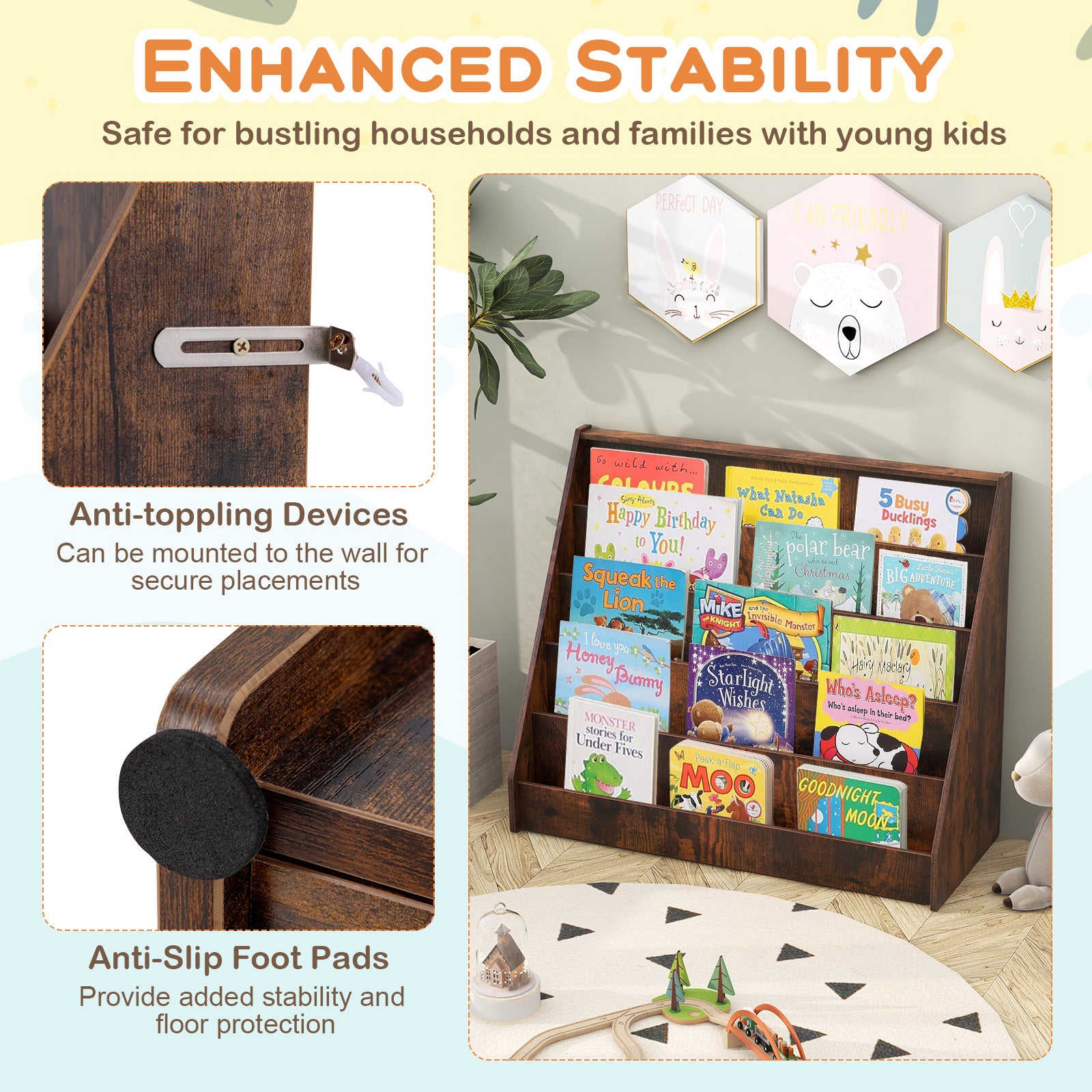 5-Tier Kids Bookshelf with Deep Compartments and Stable Baby Book Case-Rustic Brown