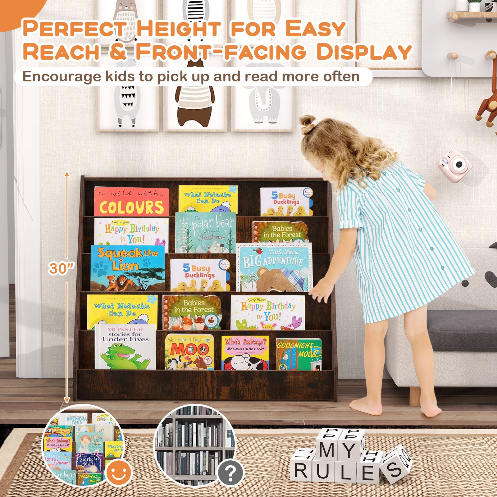 5-Tier Kids Bookshelf with Deep Compartments and Stable Baby Book Case-Rustic Brown