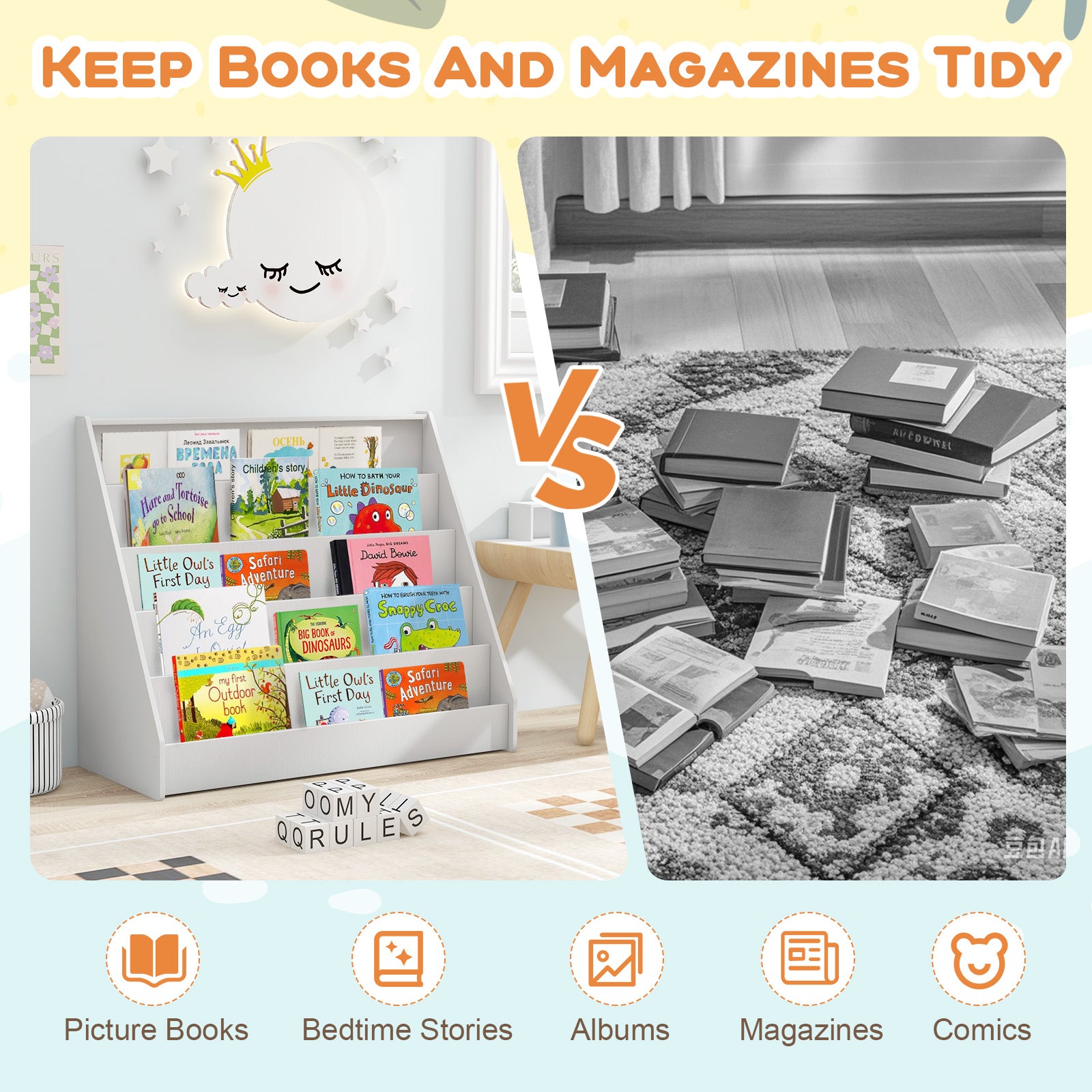 5-Tier Kids Bookshelf with Deep Compartments and Stable Baby Book Case-White